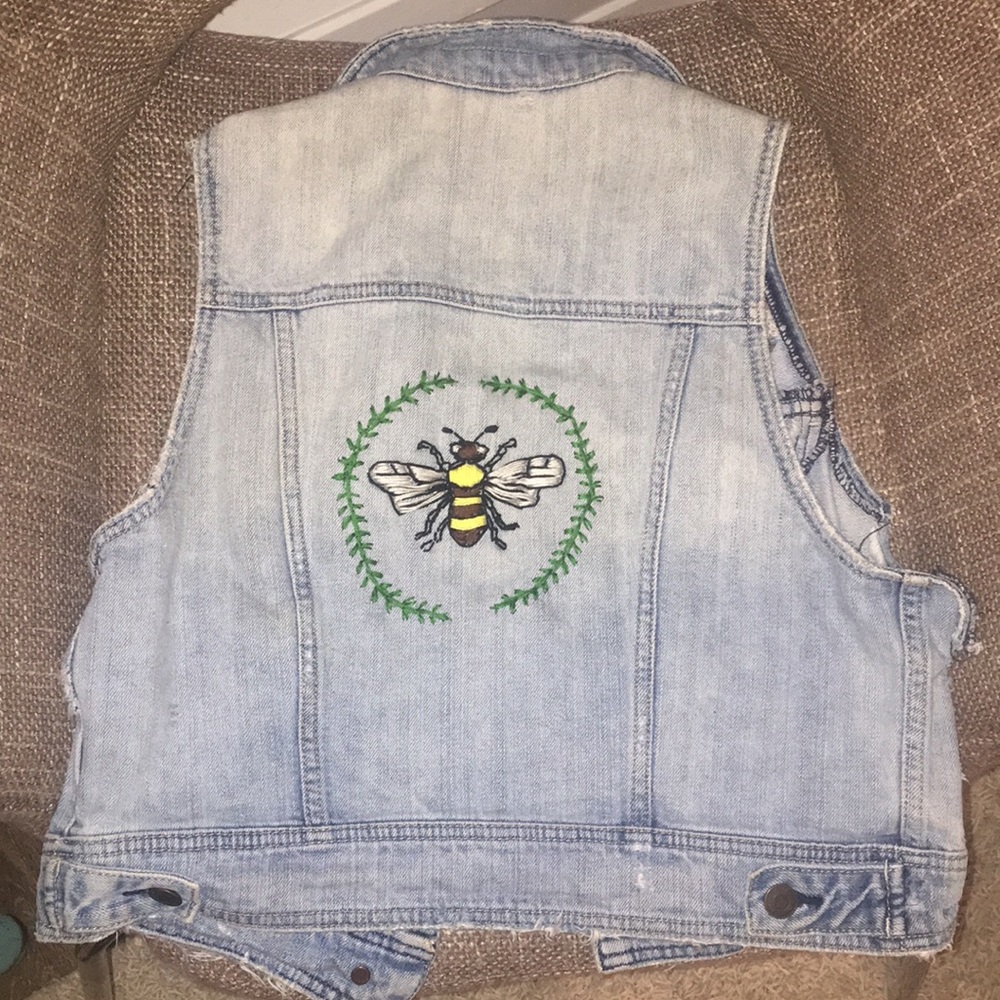 Hand embroidered distressed Bee denim vest